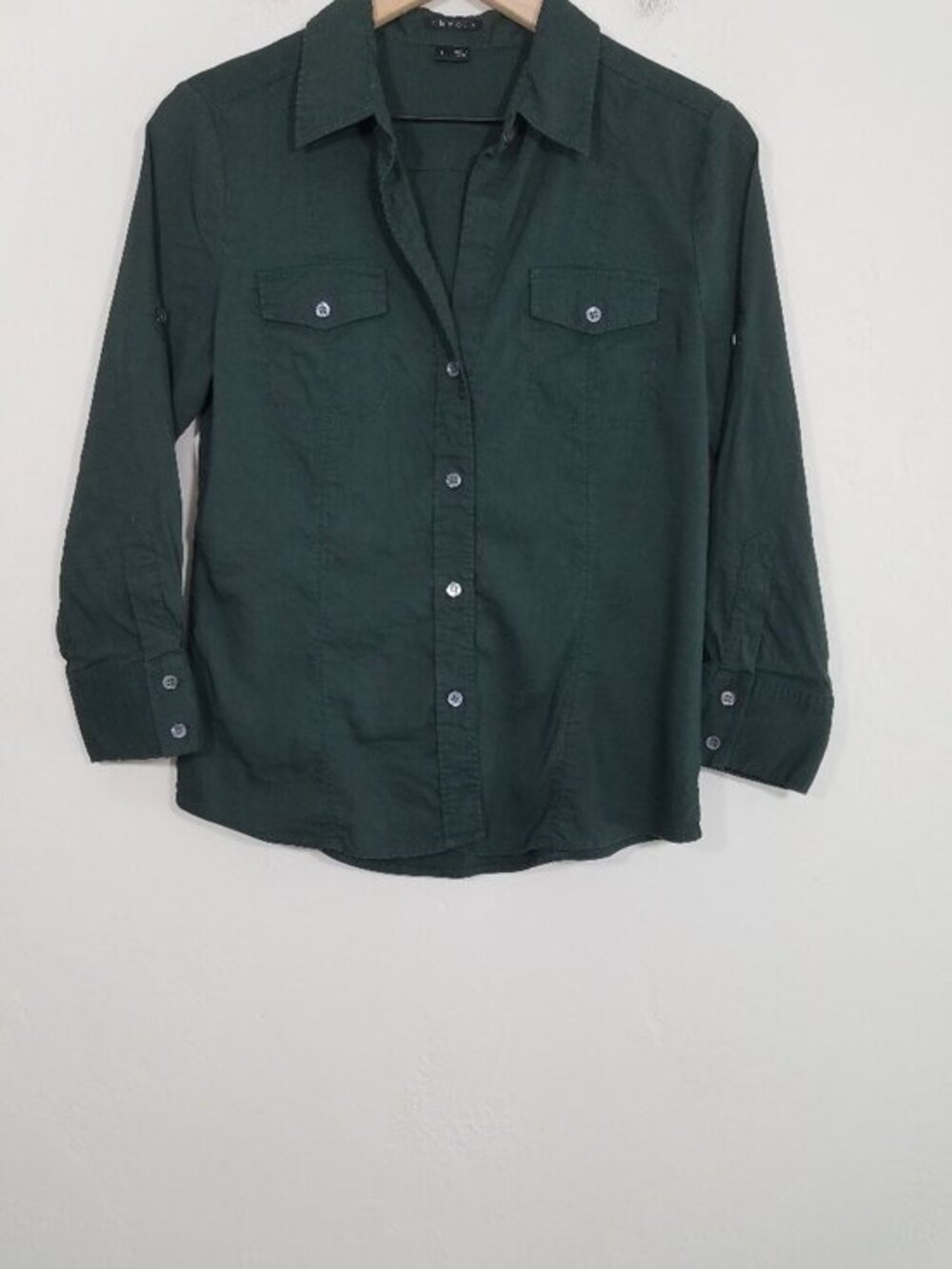 Theory Linen Blend Button Up Green Shirt Top Blouse Size L
